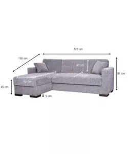 Divano letto 'merlin' in tessuto grigio con cassettone e penisola reversibile, 225x150x81 cm