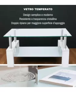 Tavolino da soggiorno "alva" bianco con top in vetro temperato 100x60x45 cm