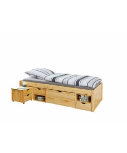 Letto singolo con contenitori e comodino estraibile in pino massello 96x47,5x209 cm