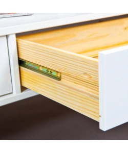 Tavolino in legno con piano vetro e 2 cassetti, 115x45x60 cm