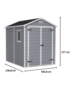 Casetta da giardino keter 'manor 6x8' in resina colore grigio con porta battente doppia 185,8x236,8x227 cm
