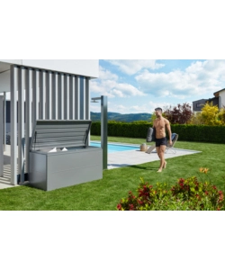 Baule da esterno impermeabile biohort "loungebox 160" in acciaio zincato grigio quarzo metallizzato 850 lt 160x70x83,5 cm - cod. 68065
