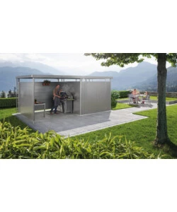 Casetta da giardino biohort "highline h4" in acciaio zincato colore grigio quarzo metallizzato con porta battente doppio 275x275x222 cm - cod. 88059