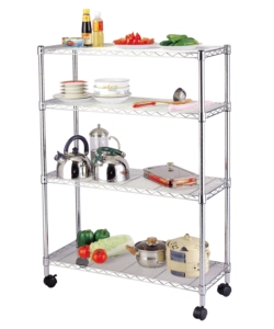Scaffale in metallo cromato 4 ripiani con ruote, 89x34x142 cm