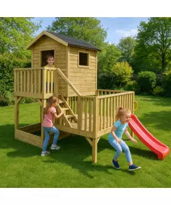 Casetta da giardino per bambini in legno domus "hubert" con scivolo e sabbiera 226,5x176x272 cm