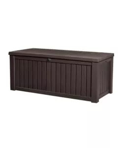 Baule da esterno keter 'rockwood' in resina marrone effetto legno 570 lt 155x72,4x64,4 cm