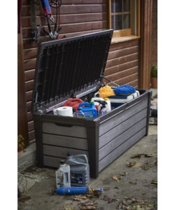 Baule da esterno keter "brushwood" in resina grafite effetto legno 454 lt 145x69,7x60,3 cm