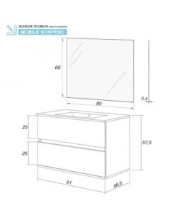 Mobile bagno sospeso 'fabula' con 2 cassetti bianco laccato, 90x47x57 cm