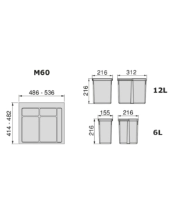 Contenitori per raccolta differenziata emuca "recycle" per modulo 60 cm, 12lt+6lt+6lt