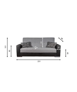 Divano letto "padova" 3 posti nero e grigio, 230x93x97 cm