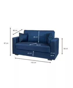 Divano letto 'nora' 2 posti in tessuto blu, 155x80x87 cm