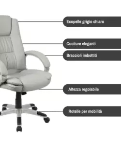 Sedia ufficio bellahome "columbia" con braccioli in ecopelle grigio 66,5x70x109-118 cm