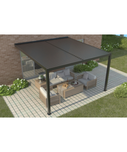 Pergola bioclimatica addossata riviera "calicantus wall" in alluminio antracite con led 400x300x230/245 cm