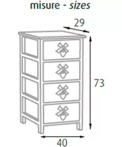 Cassettiera armonia 'white washed' 4 cassetti cuore e fiocchi in legno di paulownia 40x29x73 cm