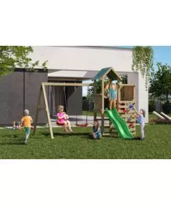 Gioco per bambini da esterno in legno fungoo "chester" con torretta, scivolo e altalena doppia, 310x336x245 cm