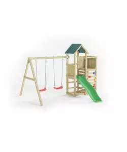 Gioco per bambini da esterno in legno fungoo "chester" con torretta, scivolo e altalena doppia, 310x336x245 cm