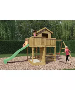Gioco per bambini da esterno fungoo "pluto" con casetta con finestra, altalena doppia e scivolo, 558x301x280 cm