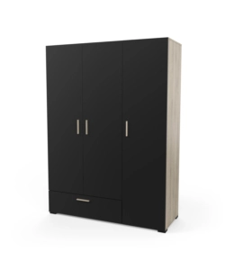Armadio 3 ante e 1 cassetto 'izzy' colore nero opaco e quercia, 134,6x51,7x185,7 cm