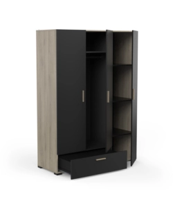 Armadio 3 ante e 1 cassetto "izzy" colore nero opaco e quercia, 134,6x51,7x185,7 cm