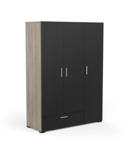 Armadio 3 ante e 1 cassetto "izzy" colore nero opaco e quercia, 134,6x51,7x185,7 cm