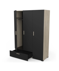 Armadio 3 ante e 1 cassetto "izzy" colore nero opaco e quercia, 134,6x51,7x185,7 cm