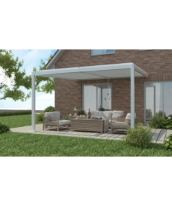 Pergola bioclimatica addossata riviera "calicantus wall" in alluminio bianco con led 400x300x230/245 cm