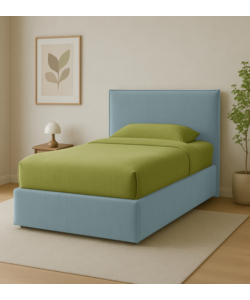 Letto una piazza e mezza "zoom" in tessuto colore celeste con rete e contenitore, 120x190