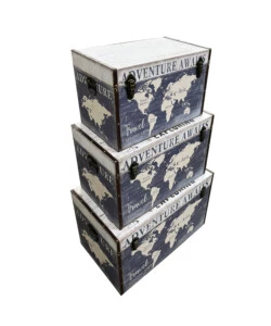 Baule in legno vintage bellahome rivestito in ecopelle fantasia adventure piccolo 51x29,5x32,5 cm