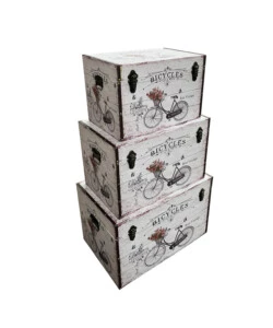 Baule in legno vintage bellahome rivestito in ecopelle fantasia bicycles piccolo 51x29,5x32,5 cm