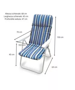 Poltrona da esterno pieghevole, multiposizione e imbottita essenza 'ischia' in acciaio a righe blu 68x58x106 cm