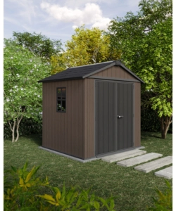 Casetta da giardino keter "newton+ 757/775" in resina marrone doppia opzione montaggio 230x223,8x246 cm