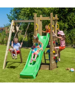 Gioco per bambini da esterno in legno fungoo "funny 3" con torretta, altalena, scivolo e parete da arrrampicata 290x200x210 cm