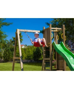 Gioco per bambini da esterno in legno fungoo "funny 3" con torretta, altalena, scivolo e parete da arrrampicata 290x200x210 cm