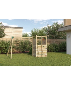 Gioco per bambini da esterno in legno fungoo "houser" con torretta, 2 altalene, corda da arrampicata e scala in corda 343x363x220 cm