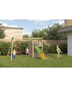 Gioco per bambini da esterno in legno fungoo "houser" con torretta, 2 altalene, corda da arrampicata e scala in corda 343x363x220 cm