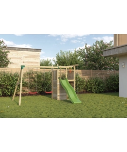 Gioco per bambini da esterno in legno fungoo "houser" con torretta, 2 altalene, corda da arrampicata e scala in corda 343x363x220 cm