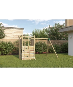 Gioco per bambini da esterno in legno fungoo "houser" con torretta, 2 altalene, corda da arrampicata e scala in corda 343x363x220 cm