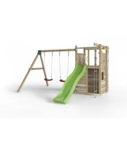 Gioco per bambini da esterno in legno fungoo "houser" con torretta, 2 altalene, corda da arrampicata e scala in corda 343x363x220 cm