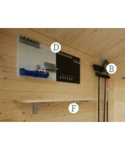 Kit organizzazione per casette in legno "kit 1" mensole, portascope, attaccapanni, pannello porta chiavi e cacciaviti