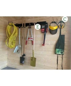 Kit organizzazione per casette in legno "kit 1" mensole, portascope, attaccapanni, pannello porta chiavi e cacciaviti