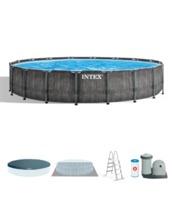Piscina fuori terra con struttura rotonda intex 'prisma frame greywood' effetto legno antracite 549x549x122 cm - cod. 26744np
