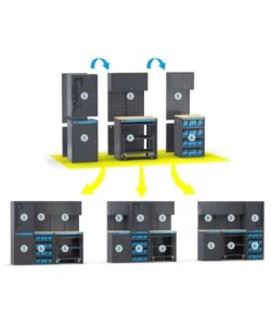 Moduli per garage fami "linea 391" con armadi con 1 anta, carrello a 3 piani e contenitori in lamiera antracite 212,8x49,5x190 cm