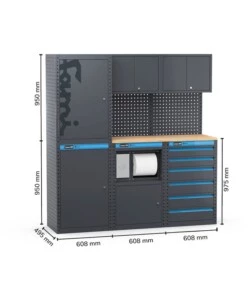 Moduli per garage fami 'linea 391' con armadi a 1 anta, modulo di servizio e cassettiera in lamiera antracite 182,4x49,5x190 cm