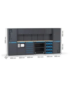 Moduli per garage fami 'linea 391' con armadi a un anta, modulo di servizio, cassettiera, carrello e contenitori in lamiera antracite 395,2x49,5x190 cm